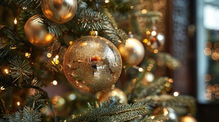 christmas tree adorned with shiny gold ornament