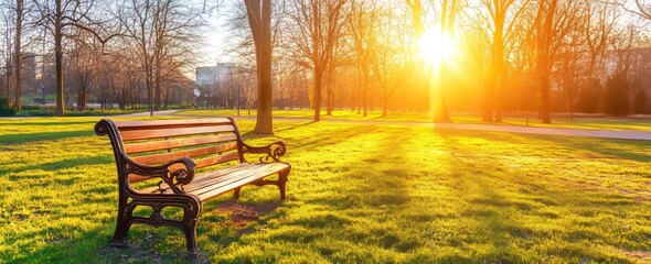 Poster - An old tree stands under a white bench in a parkland on the blooming meadow.