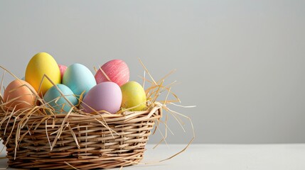 Wall Mural - Colorful Easter eggs in basket on straw White table backdrop Design space available