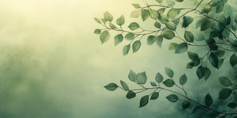 Canvas Print - Green Leaves on a Branch Against a Soft Green Background