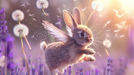 Poster - Flying Bunny in Lavender Field