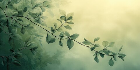 Sticker - Delicate Green Leaves on a Branch Against a Soft Blurred Background