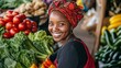 © Антон Сальников - Farmer on a Sunny Summer Day. Successful Street Vendor with a Farm Stall at an Outdoors Eco Market, a black lady selling vegetables and organic products with biological products.