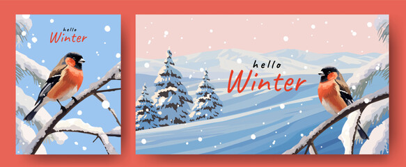 Wall Mural - set with beautiful hello winter poster, greeting card, cover with bullfinch on tree branch against t