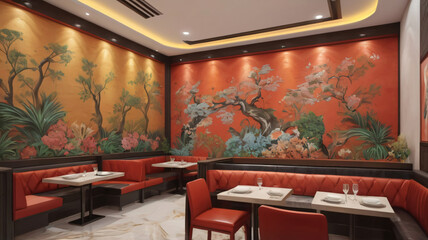 Wall Mural - Restaurant interrior design with wall painting