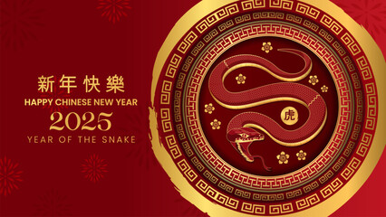 Wall Mural - happy chinese new year 2025 year of the snake with traditional red and gold elements vector illustra