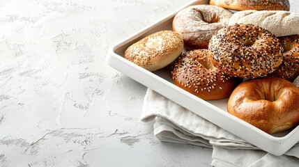 Fresh Bagel Breads Perfect for Post Work Meeting Snacks Arranged on White Tray on Table with Space for Text