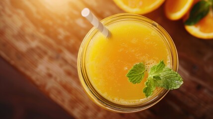 Poster - Fresh orange juice with mint at cafe in glass jar on table Top view Copy Space