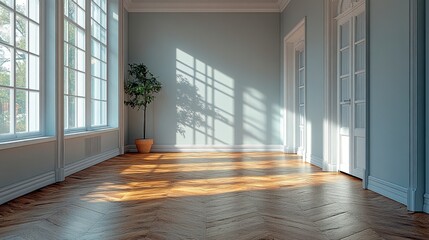 Wall Mural - Empty bright room with wooden floor, minimalist interior with plant and sunlight from the large window.