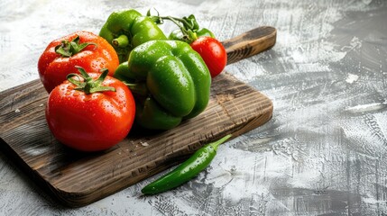 Poster - Green pepper and tomatoes on wooden cutting board with rustic white background