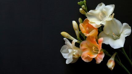 Poster - Isolated Freesia flowers on black background Fresh beautiful blossoms in flat lay