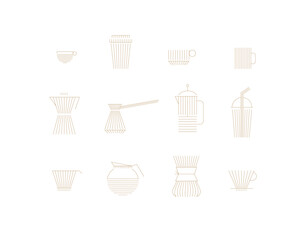 Wall Mural - Coffee linear icon set cup, glass, french press, maker, filter, drip, turk, pot drawn with flat beige lines on white background