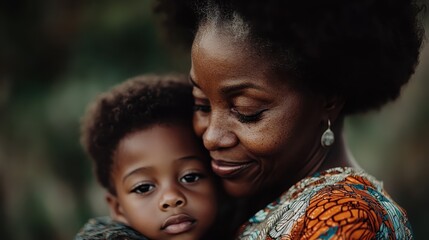 An elderly woman holding a young child in a tender, affectionate embrace outdoors, both sharing a smile. The scene is filled with warmth, love, and intergenerational connection.