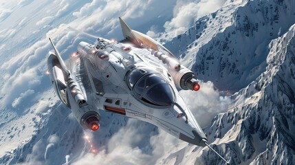 Sticker - Futuristic Spaceship Soaring Above Snowy Mountains