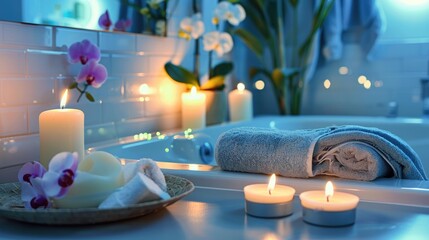 Modern bathroom with candles spa items bathtub and blue decor