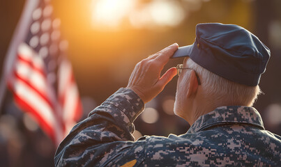 Veterans saluting flag during Memorial Day parade with blurred background copy space. Concept Memorial Day Parade, Veterans, Saluting Flag, Blurred Background, Copy Space