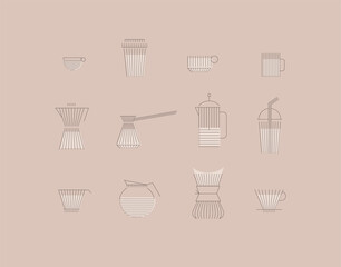 Wall Mural - Coffee linear icon set cup, glass, french press, maker, filter, drip, turk, pot drawn with brown flat lines on peach color background