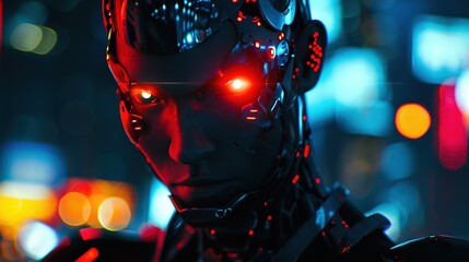 Cyberpunk Robot with Glowing Red Eyes