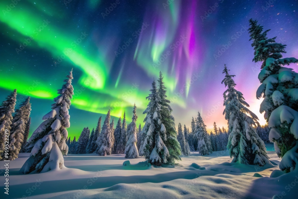 Vibrant green and purple hues dance across the night sky, above snow ...