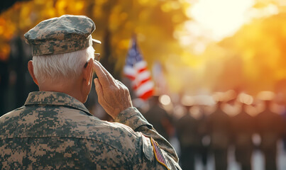 Veterans saluting flag during Memorial Day parade with blurred background copy space. Concept Memorial Day Parade, Veterans, Saluting Flag, Blurred Background, Copy Space