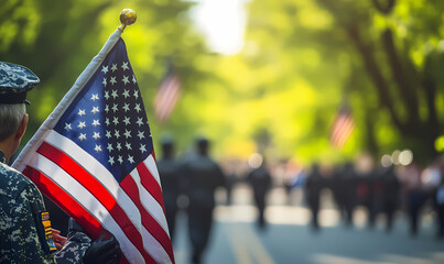 Veterans saluting flag during Memorial Day parade with blurred background copy space. Concept Memorial Day Parade, Veterans, Saluting Flag, Blurred Background, Copy Space