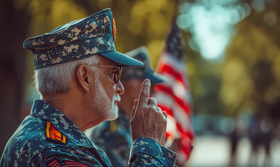 Veterans saluting flag during Memorial Day parade with blurred background copy space. Concept Memorial Day Parade, Veterans, Saluting Flag, Blurred Background, Copy Space