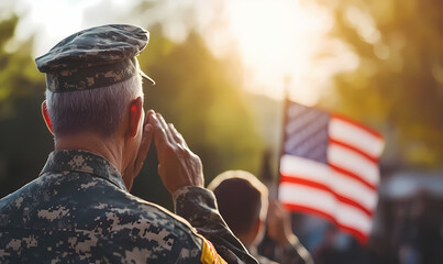 Veterans saluting flag during Memorial Day parade with blurred background copy space. Concept Memorial Day Parade, Veterans, Saluting Flag, Blurred Background, Copy Space