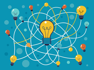 Simplify complex process. Tangled scribble wires with light bulbs from difficult to simple, clarifying idea and complex problem solving process vector concept
