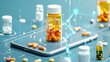© THE STARBOY94 - Modern digital healthcare concept showing bottles of medicine on a tablet with network connections symbolizing telemedicine and online prescriptions.