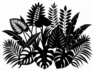 Wall Mural - Silhouette jungle leaf. Abstract black palm tropical rainforest leaves. Decorative plants. Graphic foliage silhouettes and elements for design isolated on white background. Vector set
