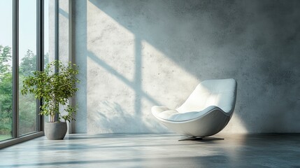 Wall Mural - Empty bright room with wooden floor, minimalist interior with plant and sunlight from the large window.