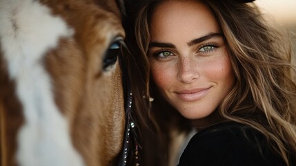 The image features a woman alongside her horse, set in a rural environment, highlighting tenderness and the strong bond they share, encapsulated in an expressive moment.