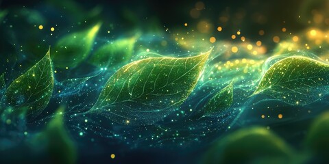 Wall Mural - Abstract Green Leaves with Glowing Particles and Bokeh Lights