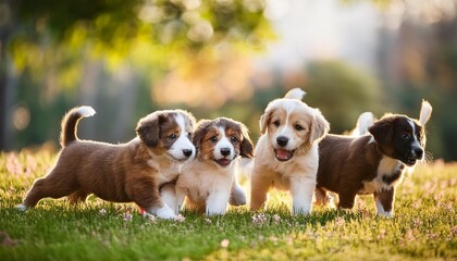 A group of playful puppies in a park