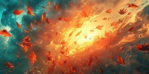 Poster - Orange Leaves Floating in a Cloudy Sunset Sky