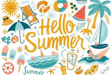 Hello Summer collection. Vector illustration of colorful funny doodle  icons such as suns, coconuts, ice cream cones, beach chairs, palm trees, waves, sailboats, boats, sunglasses, watermelon slices