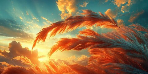 Poster - Sunset Through Tall Grass Blades With Blue Sky