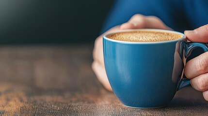 A close-up of a hand holding a blue coffee cup, showcasing warmth and comfort, ideal for cozy and lifestyle themes.