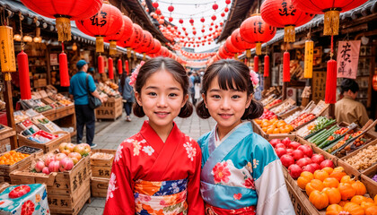 Happy Chinese children in traditional clothes are at the Chinese bazaar