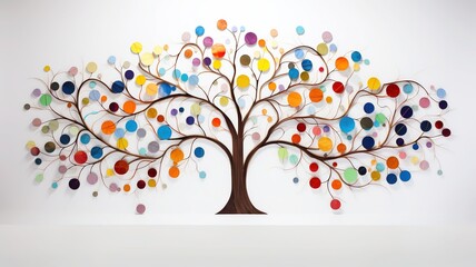 A vibrant, modern genealogy tree presented as a colorful, abstract art piece, with each branch represented by different hues and shapes to symbolize various family lines and their traits.