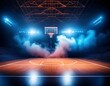 © Amli - Atmospheric basketball court illuminated by neon lights with dramatic smoke, futuristic sports arena