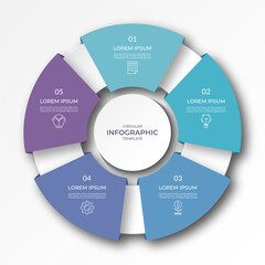 Wall Mural - Infographic circular diagram with 5 options, parts. Five-step process chart with colorful segments, applicable for data visualization, presentation, business infographics.