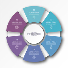 Wall Mural - Infographic circular diagram with 6 options, parts. Six-step process chart with colorful segments, applicable for data visualization, presentation, business infographics.