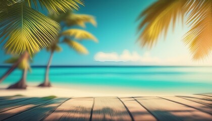 Poster - blurred tropical beach background with palm trees and turquoise water summer vacation concept illustration