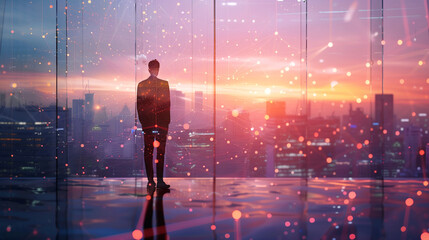 A professional businessman standing in an office space, with a virtual data line connecting dots against a panoramic city view background with a gradient sunset sky.