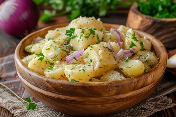 French potato salad with onion and herbs in a wooden bowl on a rustic table, closeup view.