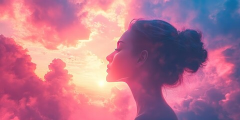 Poster - Woman's Silhouette Against a Pink Sunset Sky