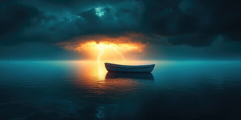 Wall Mural - Small Boat on a Stormy Sea with Lightning Strike