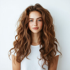 Wall Mural - Portrait of a young woman with voluminous curly hair against a white background, exuding natural beauty and confidence with a focus on her clear skin and bright blue eyes.