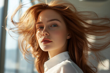 Wall Mural - A red-haired woman gazes thoughtfully, with her hair gently flowing in the wind, captured in a warm, indoor setting.